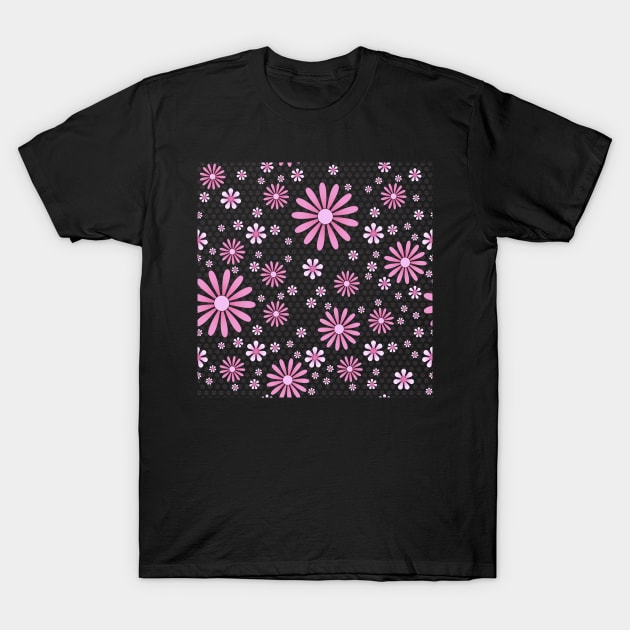 Flower Power Giant Daisies in Pink on Black T-Shirt by PaperRain